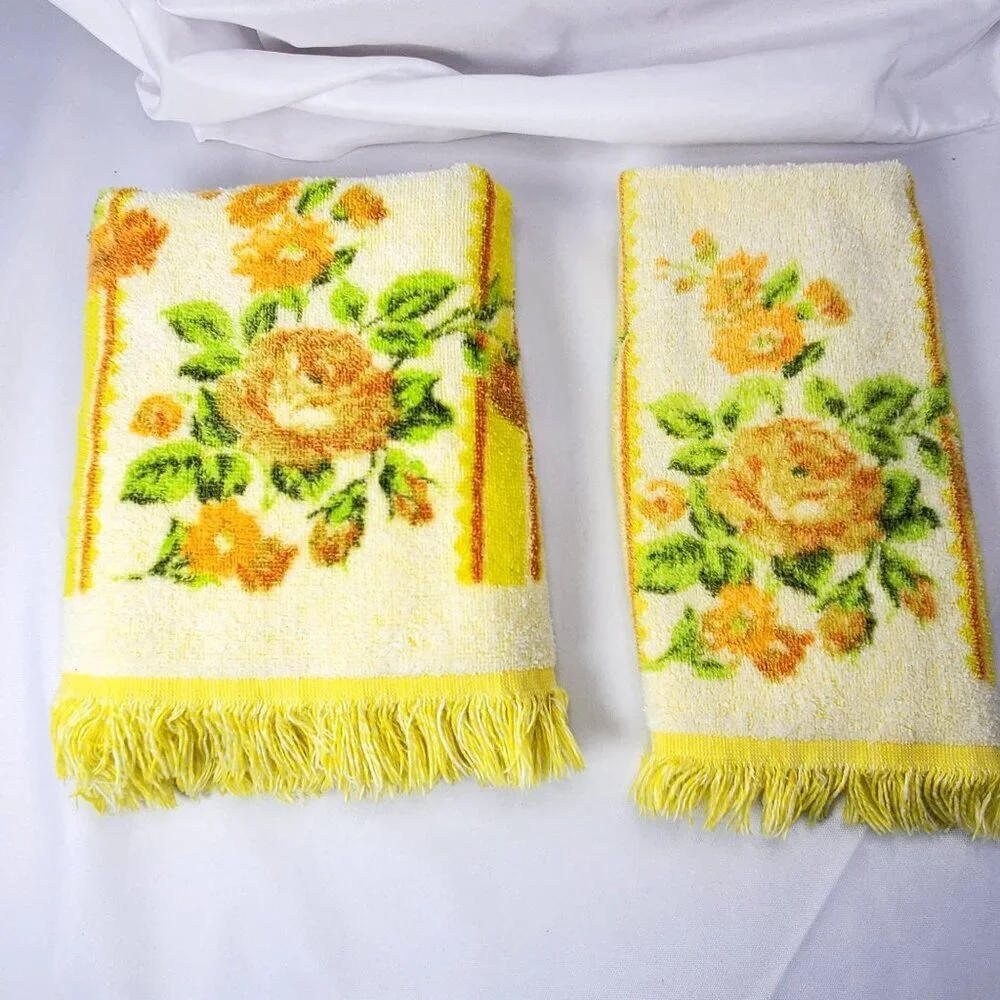 VTG Cannon 70s Yellow Rose Floral Cotton Bath & Hand Towels With Fringe Edge USA
